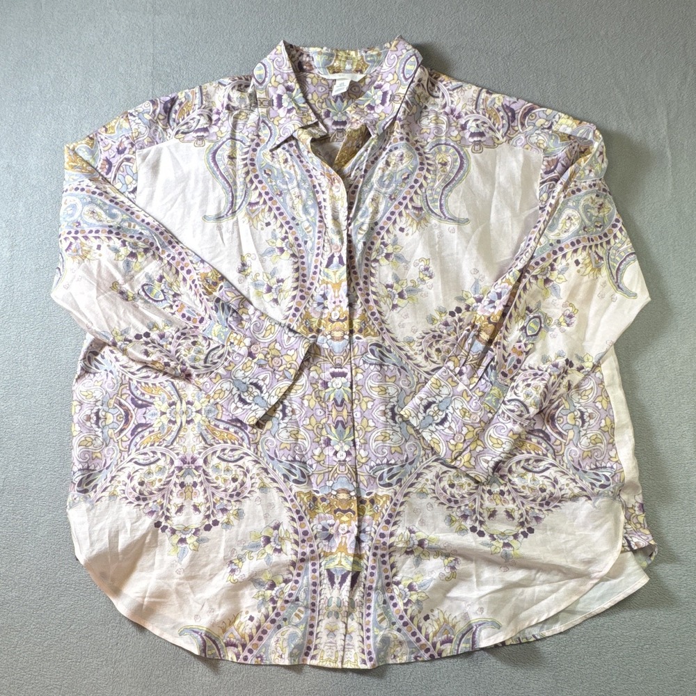 H&M Womens L Paisley Button Up Shirt Purple Yellow Boho Oversized Top